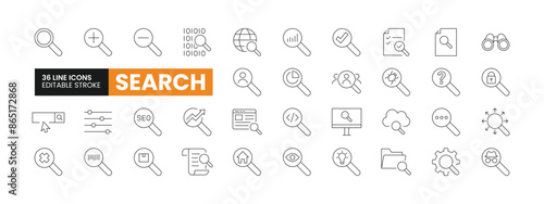 Set of 36 Search line icons set. Search outline icons with editable stroke collection. Includes Searching, Analysis, Research, Audit, Optimization, and More.