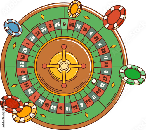 Cartoon retro groovy casino roulette wheel with chips. Vector gamble sport game or betting roulette with red and black ball pockets. Vintage groovy gambling fortune wheel with casino desk game chips