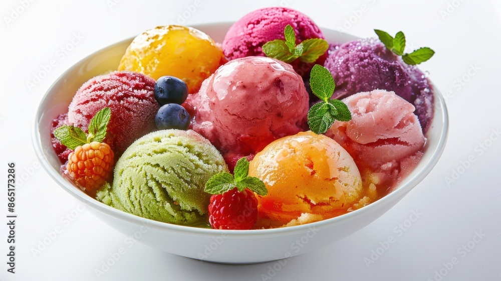 A vibrant bowl of assorted fresh fruit sorbet sorbet A vibrant bowl of assorted fresh fruit sorbet sorbet