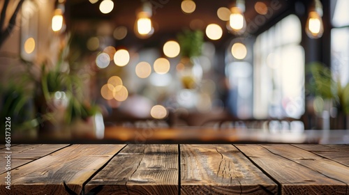 Empty wooden table with blurred background of cafe and restaurant.