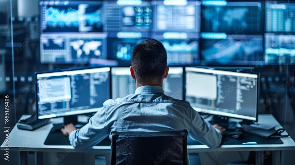 Digital Defender Cybersecurity Expert Safeguarding Networks in HighTech Office Digital Defender Cybersecurity Expert Safeguarding Networks in HighTech Office