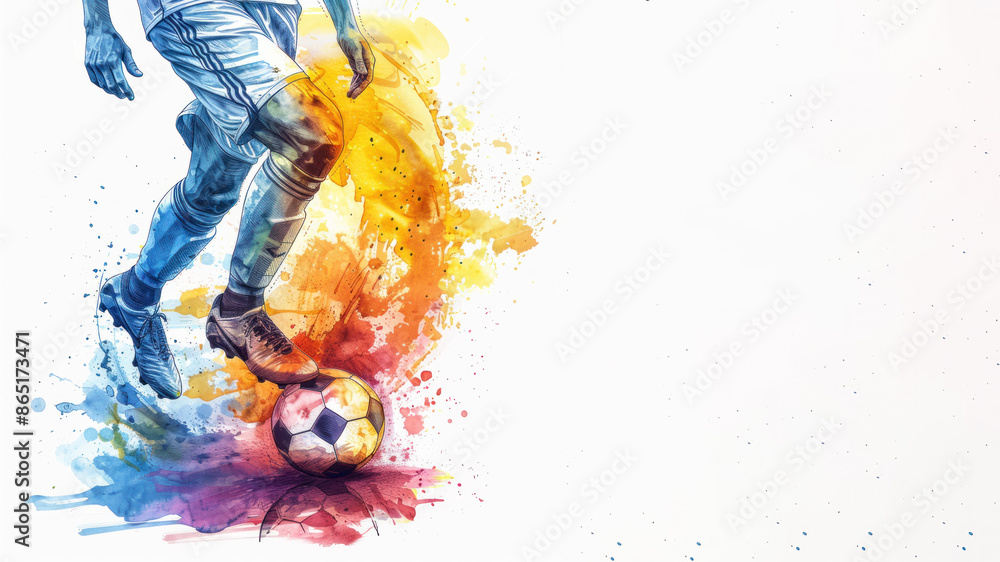 Fototapeta premium Colorful watercolor of a soccer football player's leg kicking ball at game