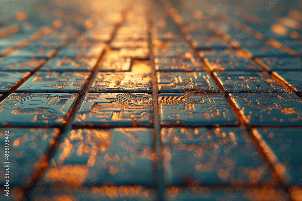 Naklejka premium Intricate circuit board etched with copper pathways, a microcosm of the complex connections that power artificial intelligence and revolutionize industries.