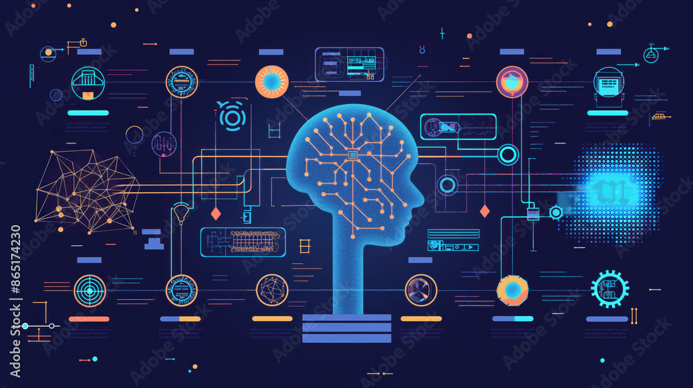 Abstract digital illustration of a human head with interconnected ...