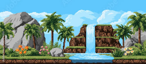 Waterfall cascade and mountains 8 bit game pixel landscape level background. Vector pixel art palm trees, green grass, flowers and plants on mountain river banks under blue sky nature landscape
