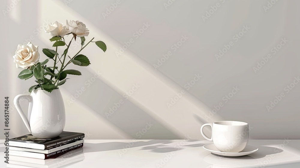 A white coffee cup with cream sits on a white table with a stack of books next to a vase of white and cream flowers. The room is bright and airy A white coffee cup with cream sits on a white table with a stack of books next to a vase of white and cream flowers. The room is bright and airy