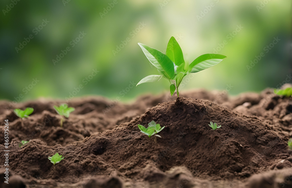 Fototapeta premium Young green plant growing at sunlight in the garden. World Nature Conservation Day. Save world concept, Generative AI 