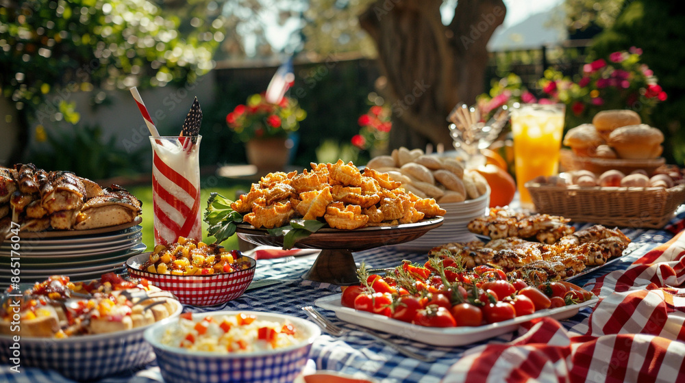 A beautifully decorated table set up for a 4th of July picnic, with a checkered tablecloth, American flag-themed plates, and an assortment of festive food and drinks. A beautifully decorated table set up for a 4th of July picnic, with a checkered tablecloth, American flag-themed plates, and an assortment of festive food and drinks.