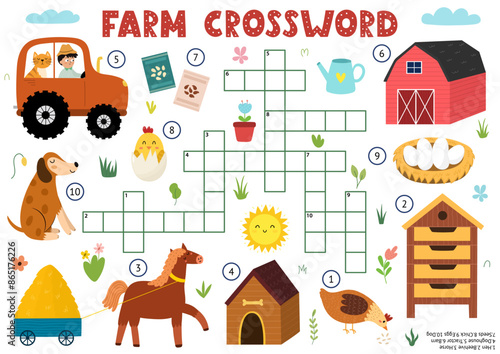 Crossword for kids with cute farm characters. Word search puzzle. Educational game with horse, dog, tractor, barn and more. Vector illustration