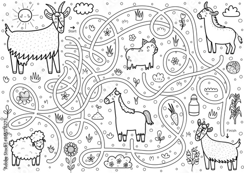 Help mother goat to find a way to her baby kid. Farm maze activity in black and white for kids. Mini game in outline for school and preschool. Vector illustration