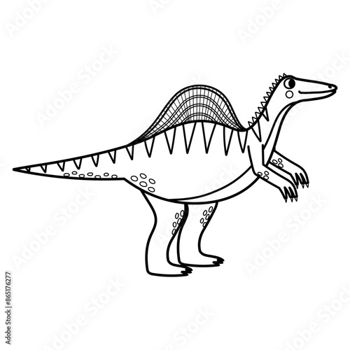 Cute spinosaurus in black and white isolated element. Funny spine dinosaur of jurassic period in outline for kids design. Vector illustration 