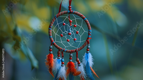 A patriotic dream catcher with a double-ring design, the outer ring wrapped in red and white stripes, the inner ring in blue with white star beads, and feather tassels in matching colors. © Resonant Visions