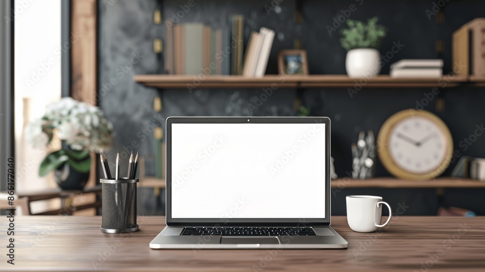 Effortless Efficiency Transformative Workspace Organization with Blank Screen Laptop and Stylish Desk Accessories Effortless Efficiency Transformative Workspace Organization with Blank Screen Laptop and Stylish Desk Accessories