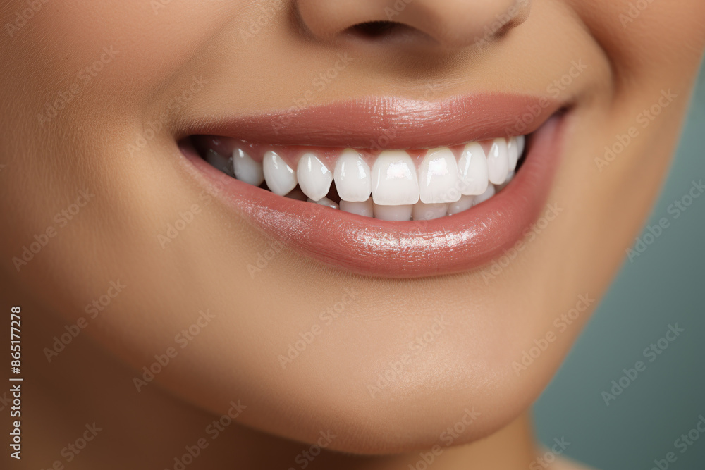 Fototapeta premium A close-up of a beaming grin that tells a story of teeth whitening success. Concept of triumphant smiles. Generative Ai.