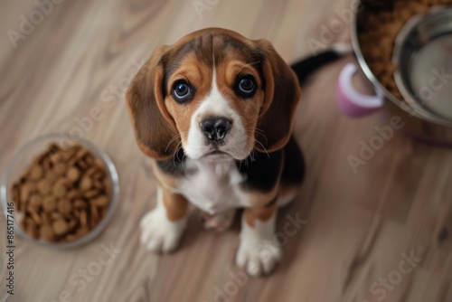 A beagle puppy sits on the floor and looks at a bowl of dry food waiting for feeding