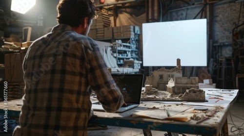 Digital Dreams Set Designer Crafting Movie Magic with Miniature Models and Laptop in Workshop