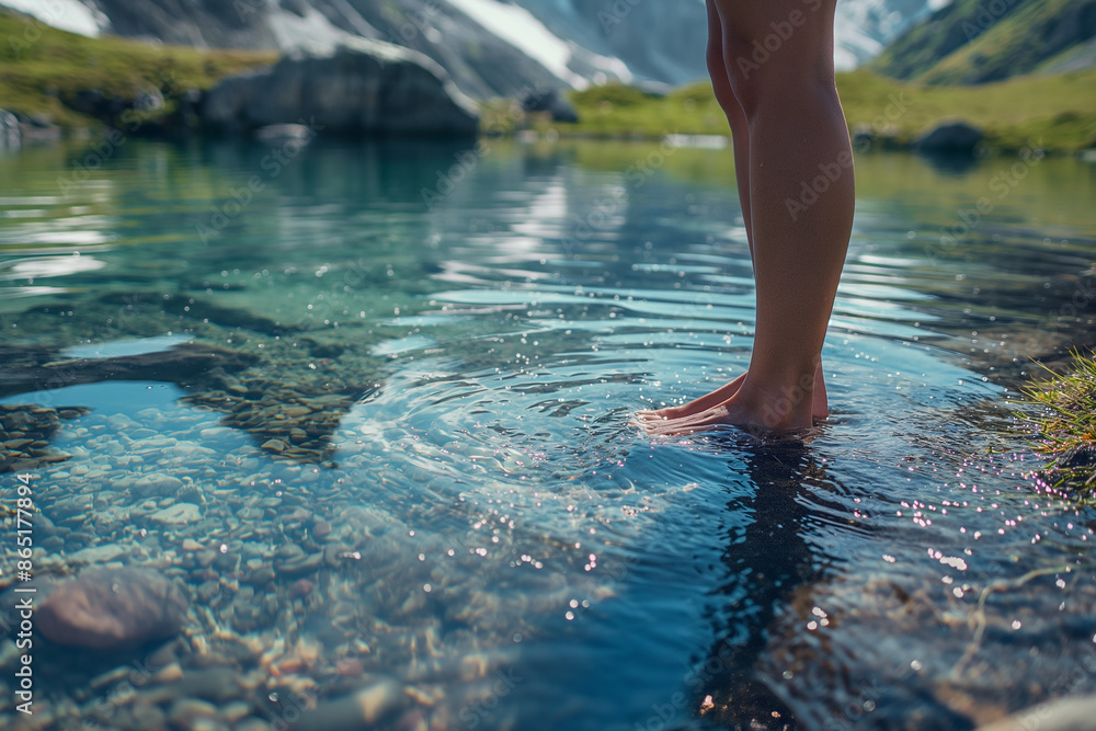 A person standing in a clear mountain lake with rocky shores and snowy peaks in the background A person standing in a clear mountain lake with rocky shores and snowy peaks in the background