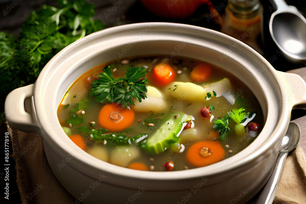 Schüssel mit Gemüsesuppe und diversem Gemüse Schüssel mit Gemüsesuppe und diversem Gemüse
