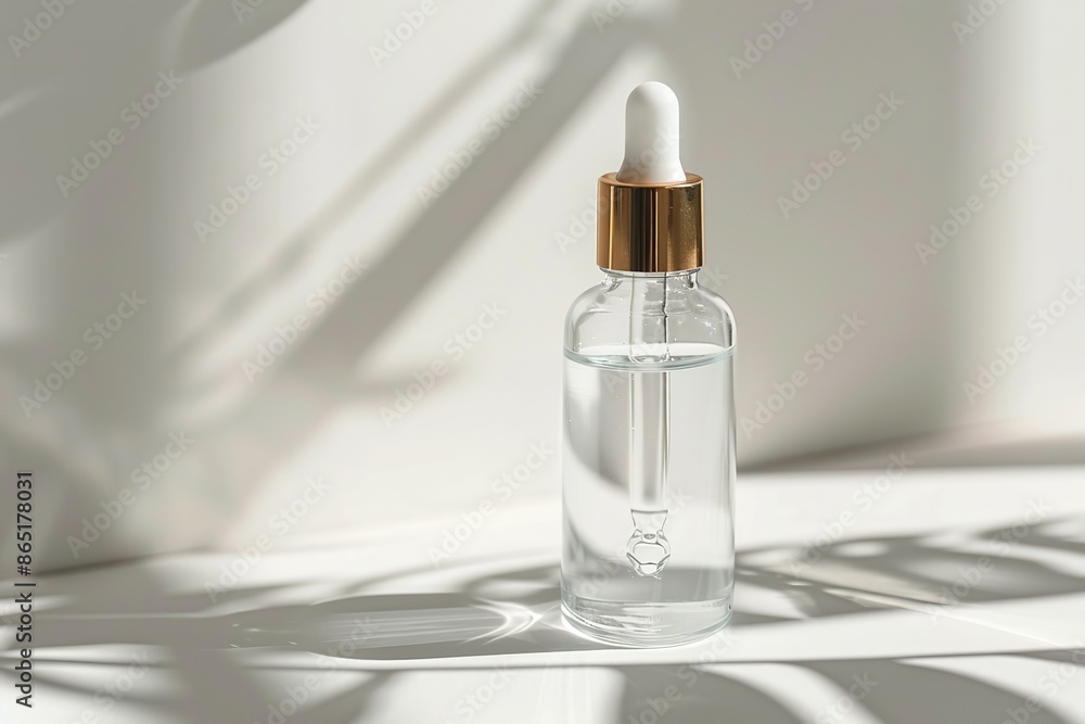 Naklejka premium Natural oil cosmetics. Dropper glass Bottle Mock-Up. Oily cosmetic pipette. Face and body treatment. Spa concept. Mineral organic liquid. Front view. Beauty products. Blank packaging gel, white table