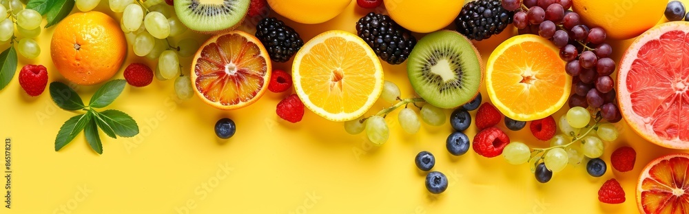 Variety of Fresh Fruits on Yellow Background Variety of Fresh Fruits on Yellow Background