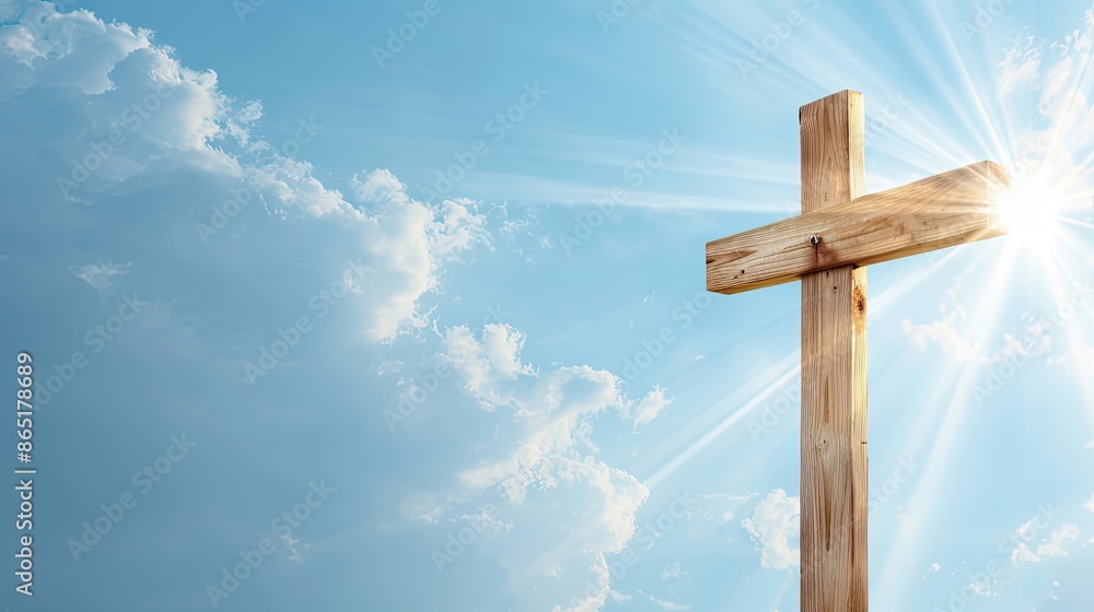 A wooden cross stands tall against a backdrop of a bright blue sky with sun rays shining through the clouds A wooden cross stands tall against a backdrop of a bright blue sky with sun rays shining through the clouds