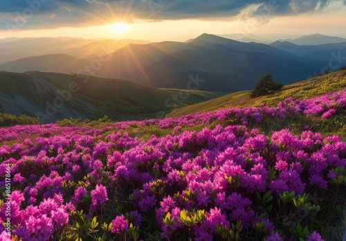 Pink flowers blooming on a mountain during sunset under the sky