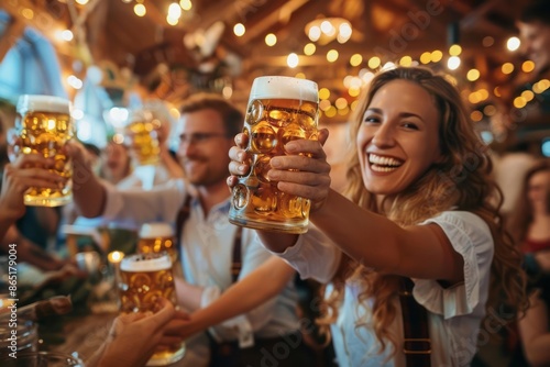 A group of people celebrating Oktoberfest in Germany with traditional Bavarian attire large beer steins and lively music showcasing the cultural traditions and festive spirit photo