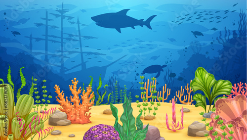 Cartoon underwater landscape with algae seaweeds and sea animal silhouettes, vector background. Ocean or undersea coral reef landscape with sunken ship boat, shark and turtle or fish in deep water