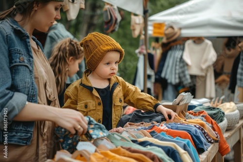 A children clothing seller setting up a display with various children clothing items for a parent and child demonstrating the versatility and beauty of the products in a real-life setting © DK_2020