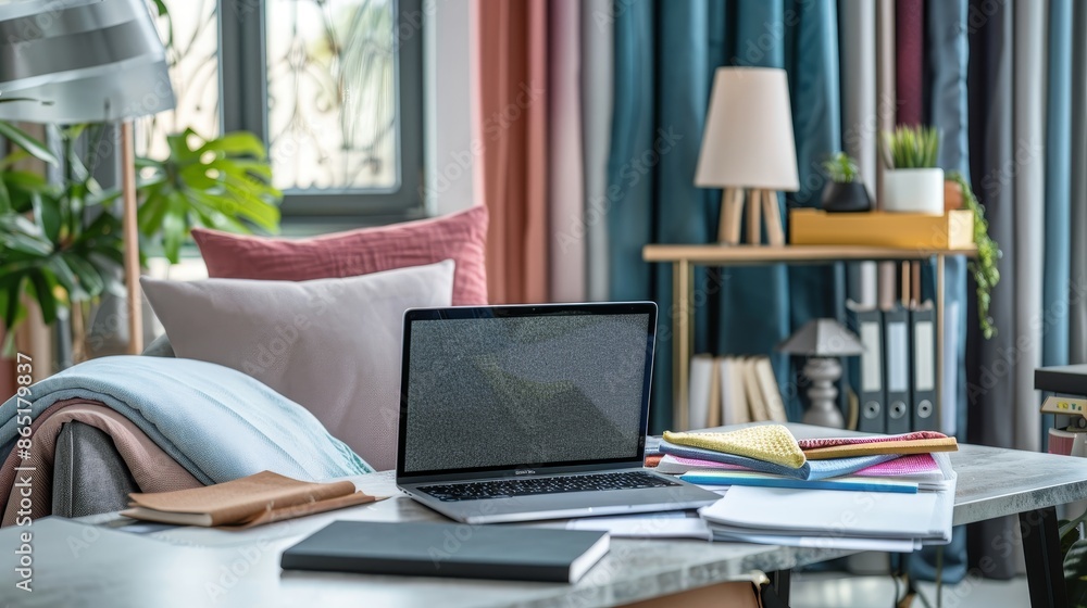 Modern Interior Designer Creative Workspace with Technology and Fabrics for Stylish Home Decor Ideas Modern Interior Designer Creative Workspace with Technology and Fabrics for Stylish Home Decor Ideas