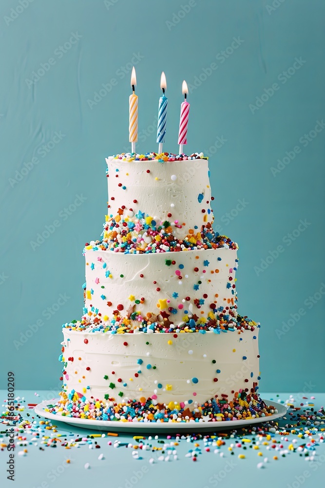 Delicious three-tiered birthday cake with sprinkles and lit candles, set against a vibrant turquoise background. Perfect for birthday celebrations, party themes, and dessert ideas. Delicious three-tiered birthday cake with sprinkles and lit candles, set against a vibrant turquoise background. Perfect for birthday celebrations, party themes, and dessert ideas.