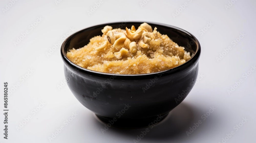 Suji halwa displayed in a black bowl against a white backdrop Suji halwa displayed in a black bowl against a white backdrop