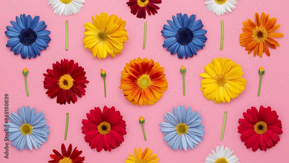 Colorful flowers arranged on a pink background Colorful flowers arranged on a pink background