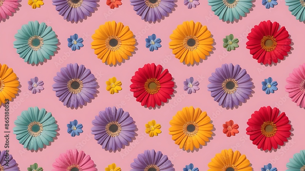 Colorful flowers arranged on a pink background Colorful flowers arranged on a pink background