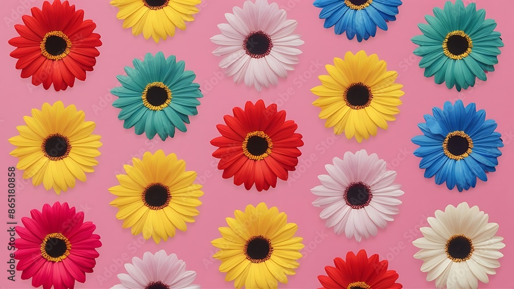 Colorful flowers arranged on a pink background Colorful flowers arranged on a pink background