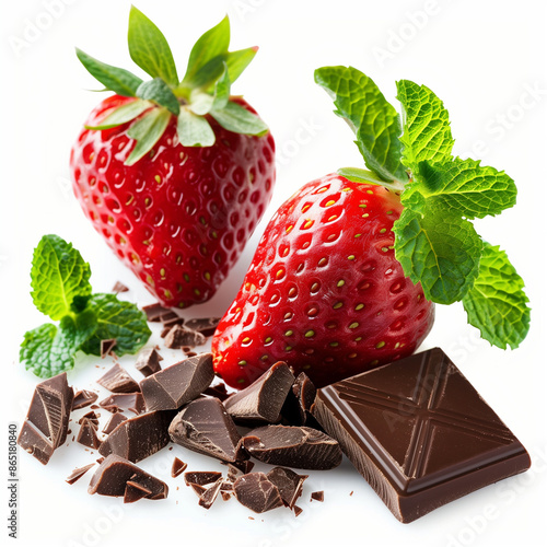 Strawberry with mint and chocolate, white backgroung photo