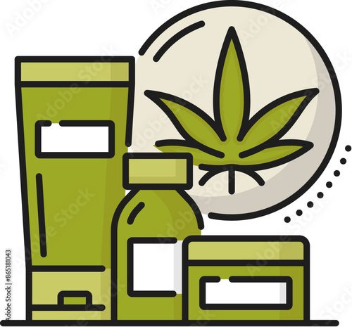 Medical cannabis color line icon, cbd and marijuana, weed extract. Vector linear symbol features range of thc health production. Green leaf, medicine bottle, cream jar, oil, cosmetics or tinctures