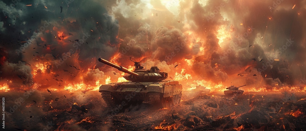 a armored tank shooting of a battle field in a war. bombs and explosions in the background a armored tank shooting of a battle field in a war. bombs and explosions in the background