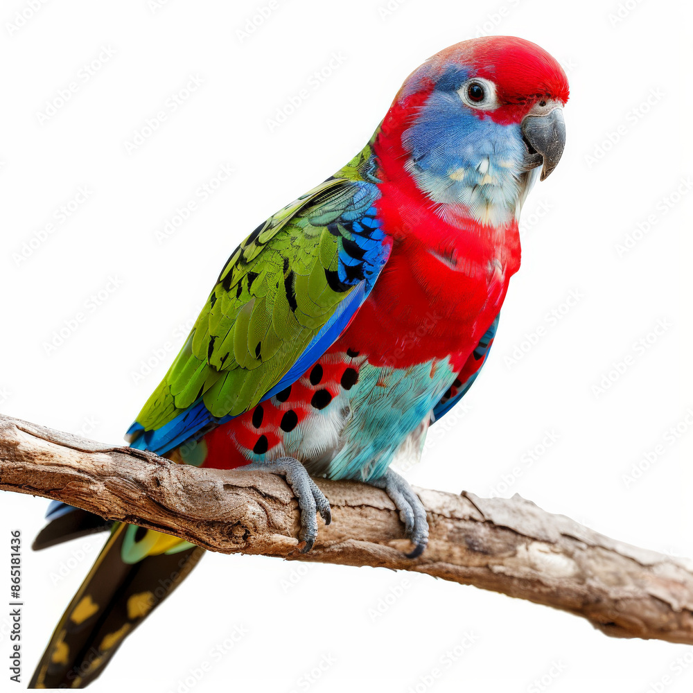 Obraz premium A colorful rosella parrot with its vibrant red, blue, and green feathers, perched on a branch, isolated on white background.