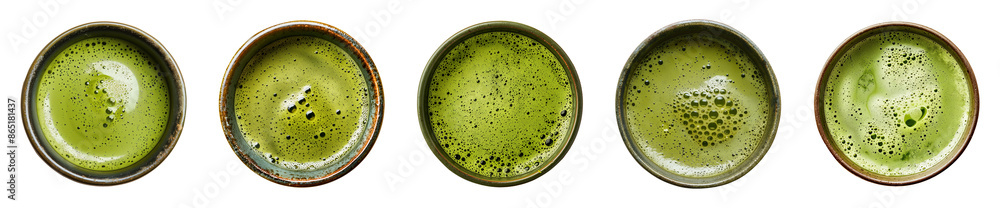 Collection cup of hot matcha green tea on a transparent background, top view, cut out, PNG Collection cup of hot matcha green tea on a transparent background, top view, cut out, PNG
