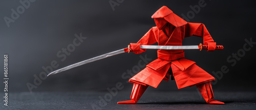 A red origami samurai warrior holding a sword photo