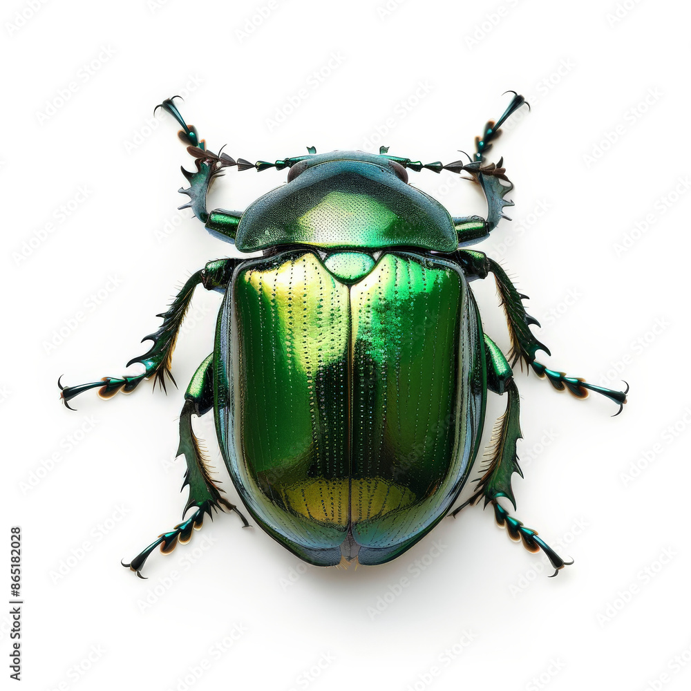 A close-up of a shiny metallic green beetle, isolated on white background A close-up of a shiny metallic green beetle, isolated on white background