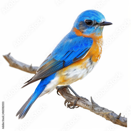 A colorful bluebird with its vivid blue feathers, perched on a branch, isolated on white background. © wolfhound911