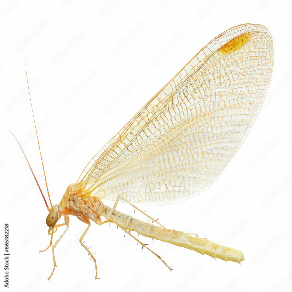 A detailed image of a delicate lacewing with its translucent wings, isolated on white background A detailed image of a delicate lacewing with its translucent wings, isolated on white background