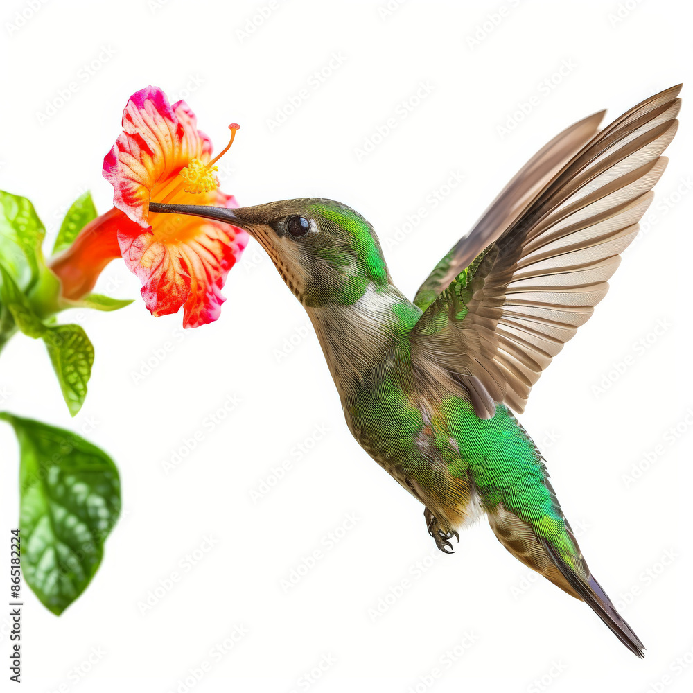 Obraz premium A close-up of a hummingbird hovering near a flower, wings blurred from rapid movement, isolated on white background.