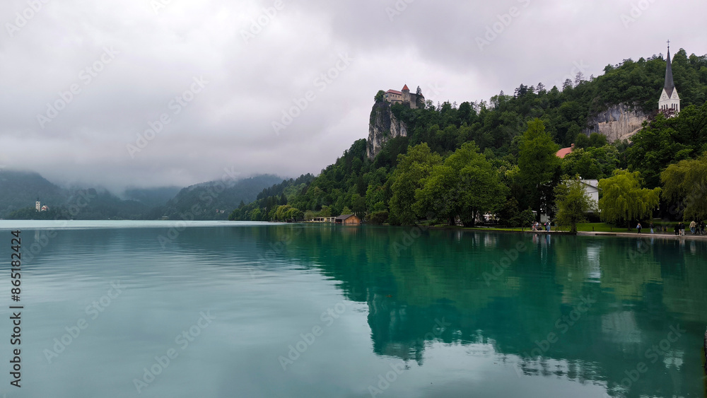 Fototapeta premium lake Bled on cloudy spring day