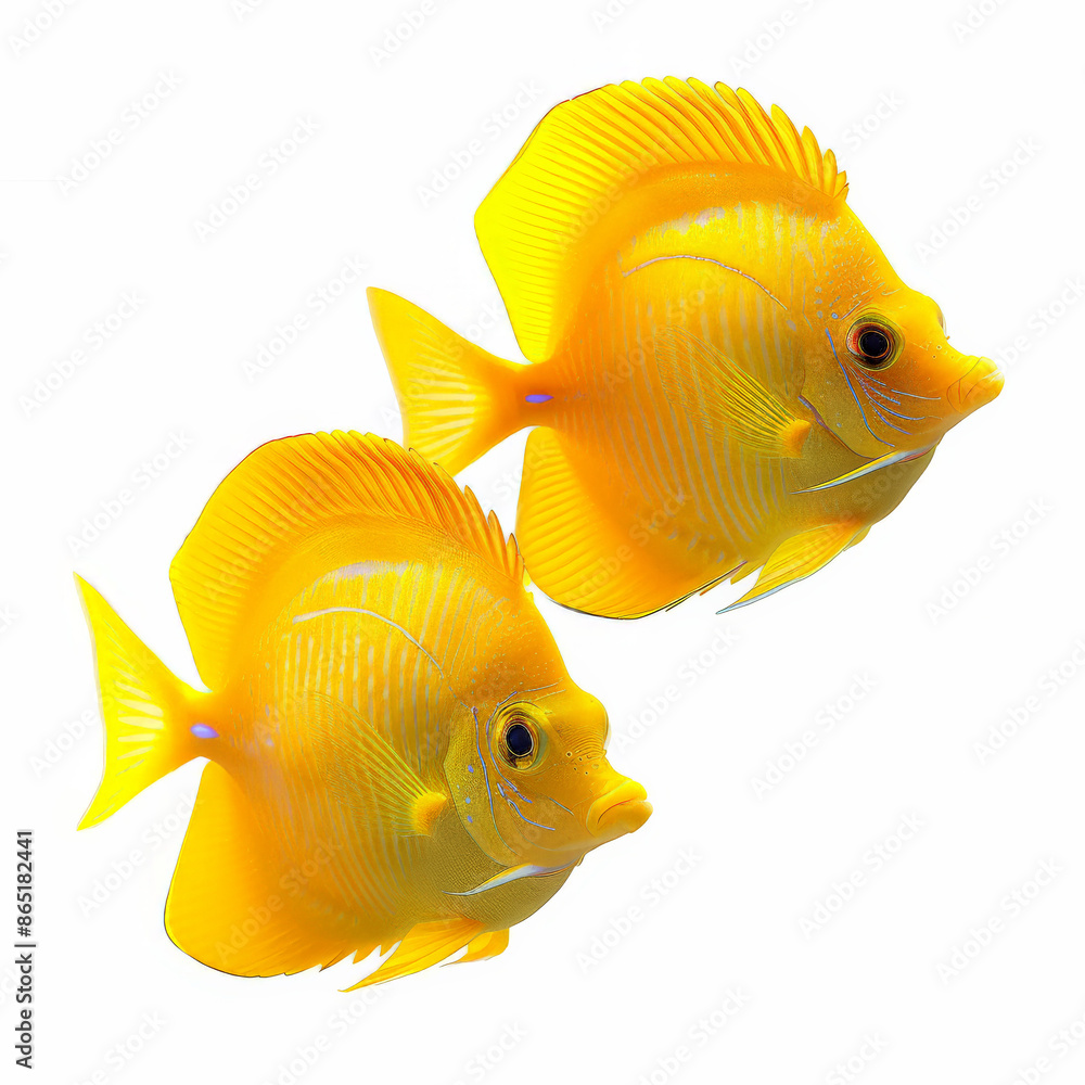 A pair of bright yellow tang fish, isolated on white background A pair of bright yellow tang fish, isolated on white background