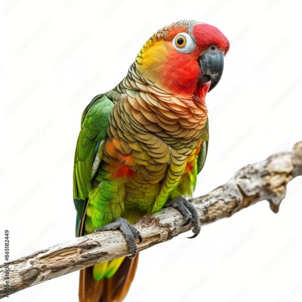 Obraz premium A colorful green-cheeked conure with its vibrant green and red feathers, perched on a branch, isolated on white background.