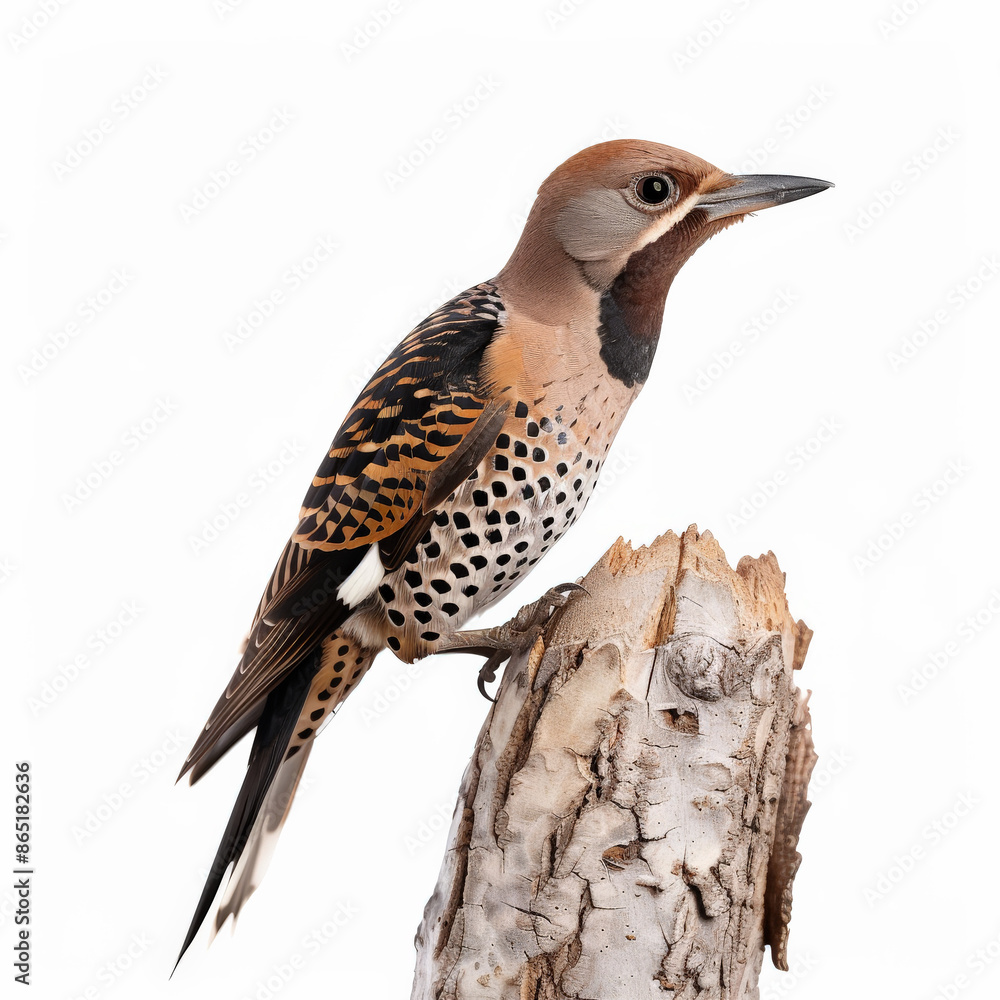 A striking northern flicker with its brown and black plumage, perched on a tree trunk, isolated on white background. A striking northern flicker with its brown and black plumage, perched on a tree trunk, isolated on white background.