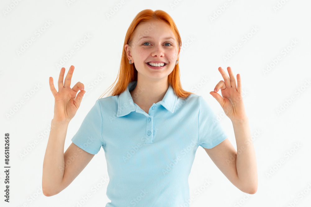 Portrait of pretty positive person two arms fingers make okey symbol isolated on white background Portrait of pretty positive person two arms fingers make okey symbol isolated on white background